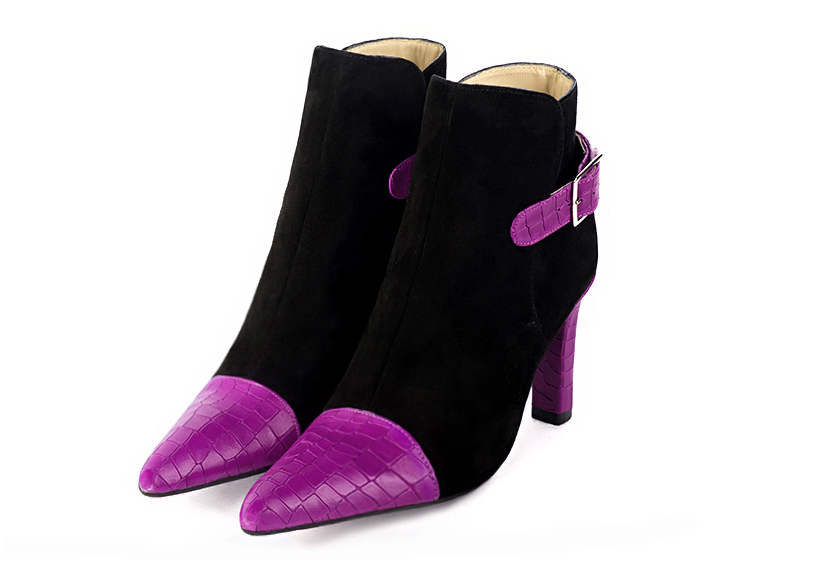 French elegance and refinement for these mauve purple and matt black dress booties, with buckles at the back, 
                available in many subtle leather and colour combinations. Customise or not, with your materials and colours.
This charming ankle boot fits snugly around the ankle.
It closes on the outside with a buckle.  
                Matching clutches for parties, ceremonies and weddings.   
                You can customize these buckle ankle boots to perfectly match your tastes or needs, and have a unique model.  
                Choice of leathers, colours, knots and heels. 
                Wide range of materials and shades carefully chosen.  
                Rich collection of flat, low, mid and high heels.  
                Small and large shoe sizes